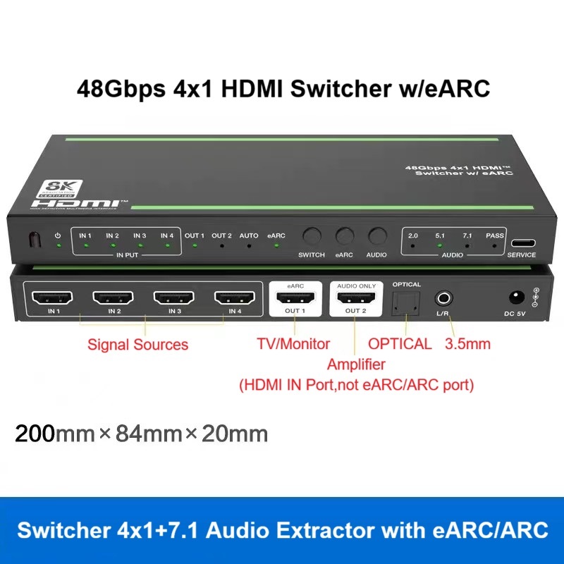 Hdmi Audio Extractor Earc 7.1 - Pengalih HDMI2.1 4K120Hz 4x1 dengan fitur