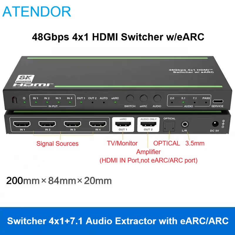 Hdmi Audio Extractor Earc 7.1 - Pengalih HDMI2.1 4x1 7.1 Audio Extractor